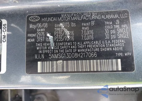 2008 Hyundai Santa Fe Gls z USA, uszkodzony, nr VIN 5NMSG13D08H217066